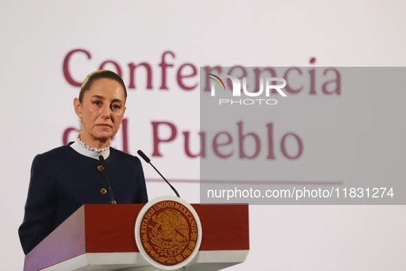 Claudia Sheinbaum, Mexico's president, speaks during the national security report at the briefing conference at the National Palace in Mexic...