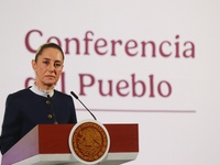 Claudia Sheinbaum, Mexico's president, speaks during the national security report at the briefing conference at the National Palace in Mexic...