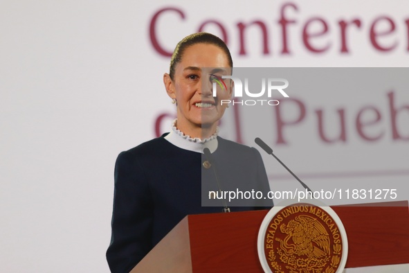 Claudia Sheinbaum, Mexico's president, speaks during the national security report at the briefing conference at the National Palace in Mexic...