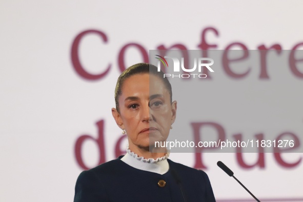 Claudia Sheinbaum, Mexico's president, speaks during the national security report at the briefing conference at the National Palace in Mexic...