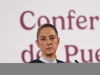 Claudia Sheinbaum, Mexico's president, speaks during the national security report at the briefing conference at the National Palace in Mexic...