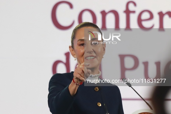 Claudia Sheinbaum, Mexico's president, speaks during the national security report at the briefing conference at the National Palace in Mexic...