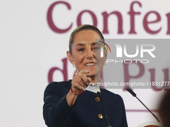 Claudia Sheinbaum, Mexico's president, speaks during the national security report at the briefing conference at the National Palace in Mexic...