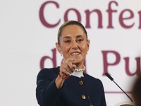 Claudia Sheinbaum, Mexico's president, speaks during the national security report at the briefing conference at the National Palace in Mexic...