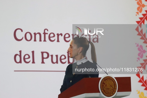 Claudia Sheinbaum, Mexico's president, speaks during the national security report at the briefing conference at the National Palace in Mexic...