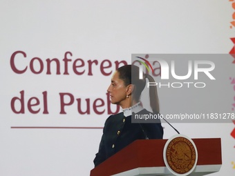 Claudia Sheinbaum, Mexico's president, speaks during the national security report at the briefing conference at the National Palace in Mexic...