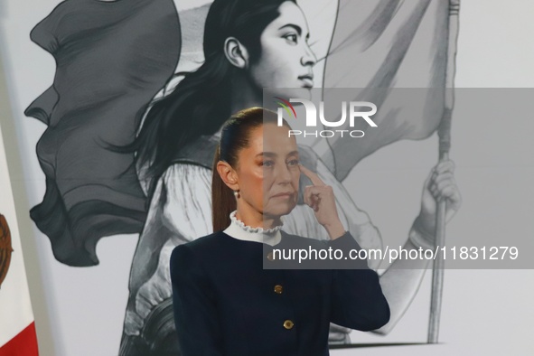 Claudia Sheinbaum, Mexico's president, speaks during the national security report at the briefing conference at the National Palace in Mexic...