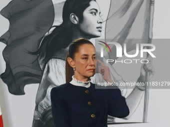 Claudia Sheinbaum, Mexico's president, speaks during the national security report at the briefing conference at the National Palace in Mexic...