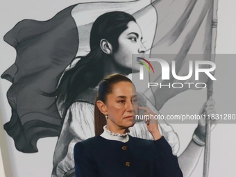 Claudia Sheinbaum, Mexico's president, speaks during the national security report at the briefing conference at the National Palace in Mexic...