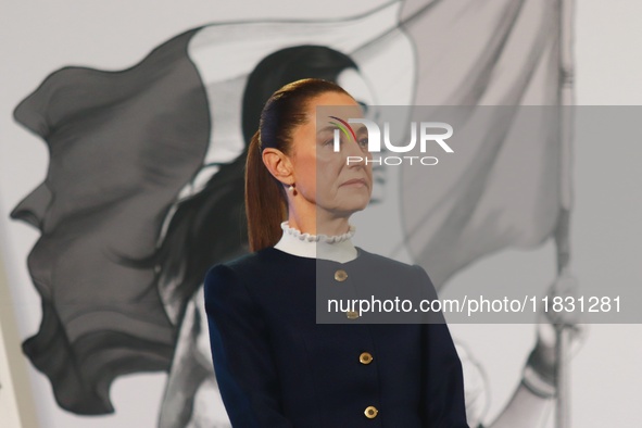 Claudia Sheinbaum, Mexico's president, speaks during the national security report at the briefing conference at the National Palace in Mexic...