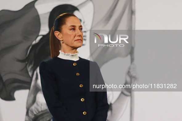 Claudia Sheinbaum, Mexico's president, speaks during the national security report at the briefing conference at the National Palace in Mexic...