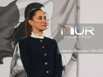 Claudia Sheinbaum, Mexico's president, speaks during the national security report at the briefing conference at the National Palace in Mexic...