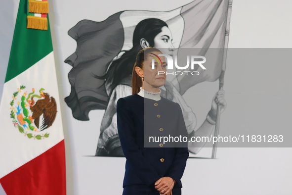 Claudia Sheinbaum, Mexico's president, speaks during the national security report at the briefing conference at the National Palace in Mexic...