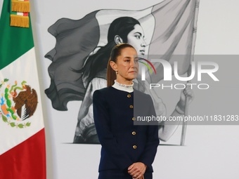 Claudia Sheinbaum, Mexico's president, speaks during the national security report at the briefing conference at the National Palace in Mexic...