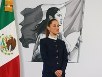 Claudia Sheinbaum, Mexico's president, speaks during the national security report at the briefing conference at the National Palace in Mexic...