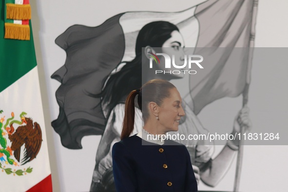 Claudia Sheinbaum, Mexico's president, speaks during the national security report at the briefing conference at the National Palace in Mexic...