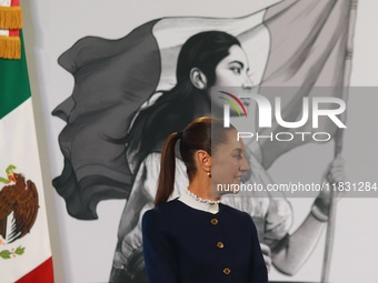 Claudia Sheinbaum, Mexico's president, speaks during the national security report at the briefing conference at the National Palace in Mexic...