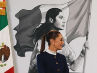 Claudia Sheinbaum, Mexico's president, speaks during the national security report at the briefing conference at the National Palace in Mexic...