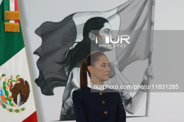 Claudia Sheinbaum, Mexico's president, speaks during the national security report at the briefing conference at the National Palace in Mexic...