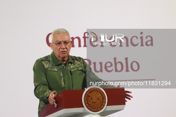 Minister of National Defense (SEDENA) Ricardo Trevilla Trejo speaks during the national security report at the briefing conference at the Na...