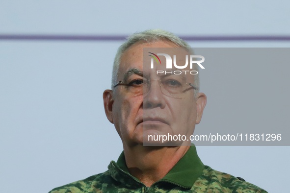 Minister of National Defense (SEDENA) Ricardo Trevilla Trejo presents the national security report at the briefing conference at the Nationa...