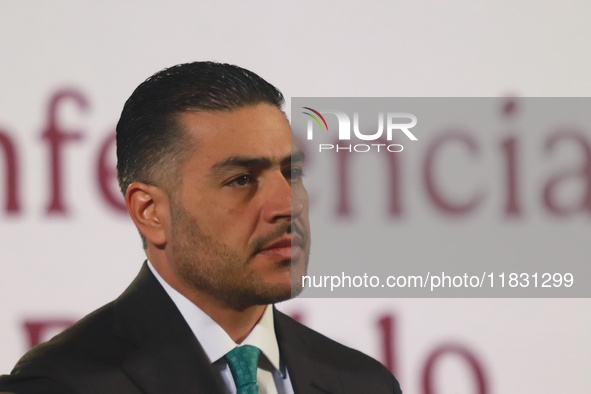 Secretary of Security and Citizen Protection Omar Garcia Harfuch speaks during the national security report at the briefing conference at th...