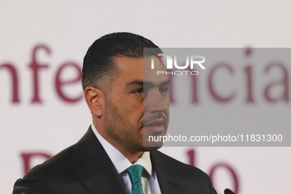 Secretary of Security and Citizen Protection Omar Garcia Harfuch speaks during the national security report at the briefing conference at th...