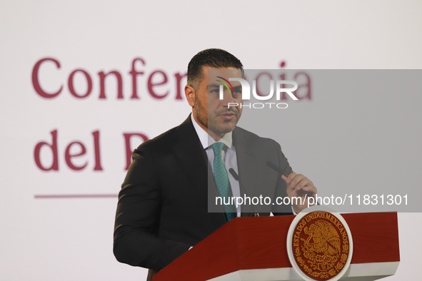 Secretary of Security and Citizen Protection Omar Garcia Harfuch speaks during the national security report at the briefing conference at th...