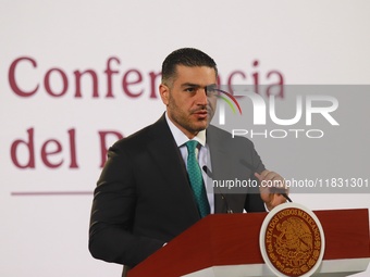 Secretary of Security and Citizen Protection Omar Garcia Harfuch speaks during the national security report at the briefing conference at th...