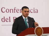 Secretary of Security and Citizen Protection Omar Garcia Harfuch speaks during the national security report at the briefing conference at th...