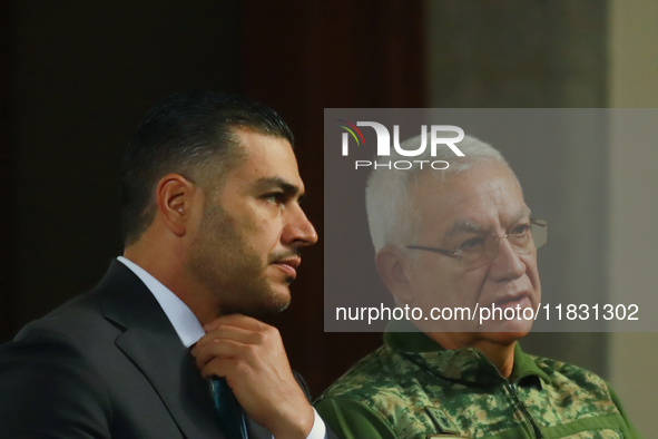 Secretary of Security and Citizen Protection Omar Garcia Harfuch and Minister of National Defense (SEDENA) Ricardo Trevilla Trejo present th...