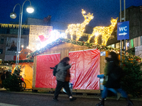 A general view shows the closed Bochum Christmas market in Bochum, Germany, on December 3, 2024, as several large anti-terror vehicle barrie...