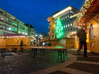 A general view shows the closed Bochum Christmas market in Bochum, Germany, on December 3, 2024, as several large anti-terror vehicle barrie...