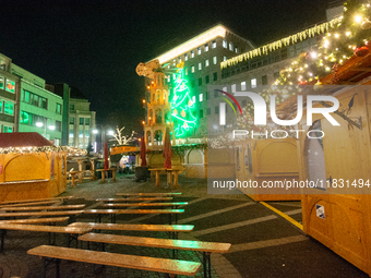 A general view shows the closed Bochum Christmas market in Bochum, Germany, on December 3, 2024, as several large anti-terror vehicle barrie...