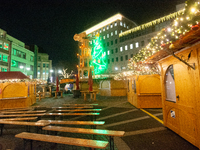 A general view shows the closed Bochum Christmas market in Bochum, Germany, on December 3, 2024, as several large anti-terror vehicle barrie...