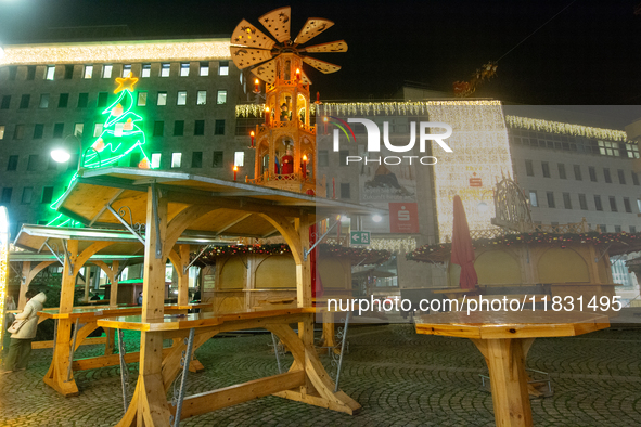 A general view shows the closed Bochum Christmas market in Bochum, Germany, on December 3, 2024, as several large anti-terror vehicle barrie...