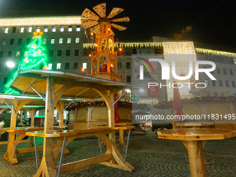 A general view shows the closed Bochum Christmas market in Bochum, Germany, on December 3, 2024, as several large anti-terror vehicle barrie...