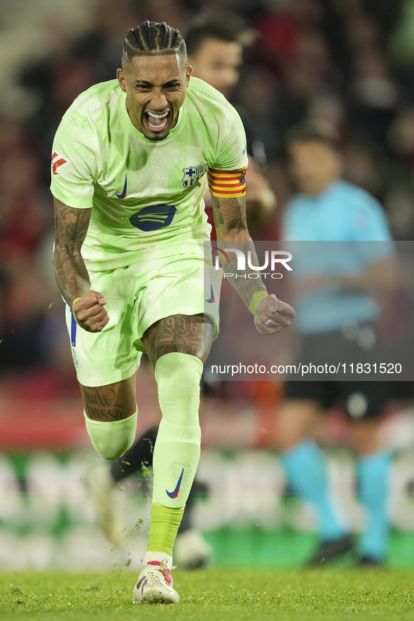 Raphinha right winger of Barcelona and Brazil celebrates after scoring his sides first  goal during the La Liga match between RCD Mallorca a...