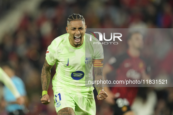 Raphinha right winger of Barcelona and Brazil celebrates after scoring his sides first  goal during the La Liga match between RCD Mallorca a...