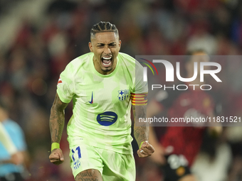 Raphinha right winger of Barcelona and Brazil celebrates after scoring his sides first  goal during the La Liga match between RCD Mallorca a...