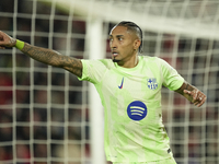 Raphinha right winger of Barcelona and Brazil celebrates after scoring his sides second goal during the La Liga match between RCD Mallorca a...