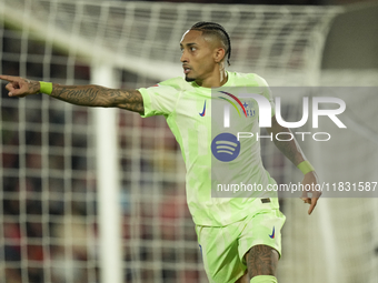 Raphinha right winger of Barcelona and Brazil celebrates after scoring his sides second goal during the La Liga match between RCD Mallorca a...