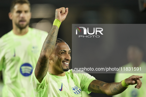 Raphinha right winger of Barcelona and Brazil celebrates after scoring his sides second goal during the La Liga match between RCD Mallorca a...