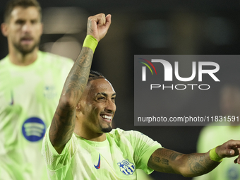 Raphinha right winger of Barcelona and Brazil celebrates after scoring his sides second goal during the La Liga match between RCD Mallorca a...