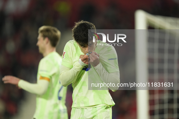 Pau Victor centre-forward of Barcelona and Spain celebrates after scoring his sides first goal during the La Liga match between RCD Mallorca...