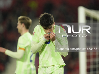 Pau Victor centre-forward of Barcelona and Spain celebrates after scoring his sides first goal during the La Liga match between RCD Mallorca...