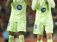 Pau Victor centre-forward of Barcelona and Spain celebrates with Raphinha right winger of Barcelona and Brazil after scoring his sides first...