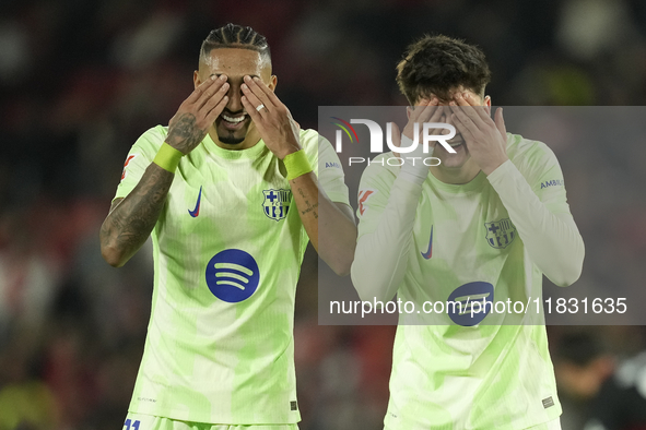 Pau Victor centre-forward of Barcelona and Spain celebrates with Raphinha right winger of Barcelona and Brazil after scoring his sides first...