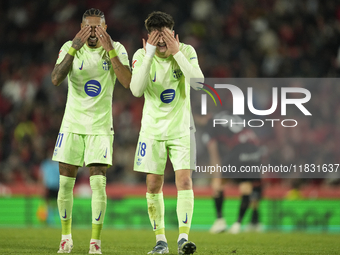 Pau Victor centre-forward of Barcelona and Spain celebrates with Raphinha right winger of Barcelona and Brazil after scoring his sides first...