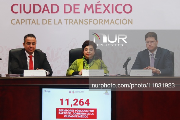 (L-R) Ricardo Janecarlo Lozano, Mayor of the Gustavo A. Madero mayoralty, Clara Brugada, Mexico City head of government, and Pablo Vazquez C...